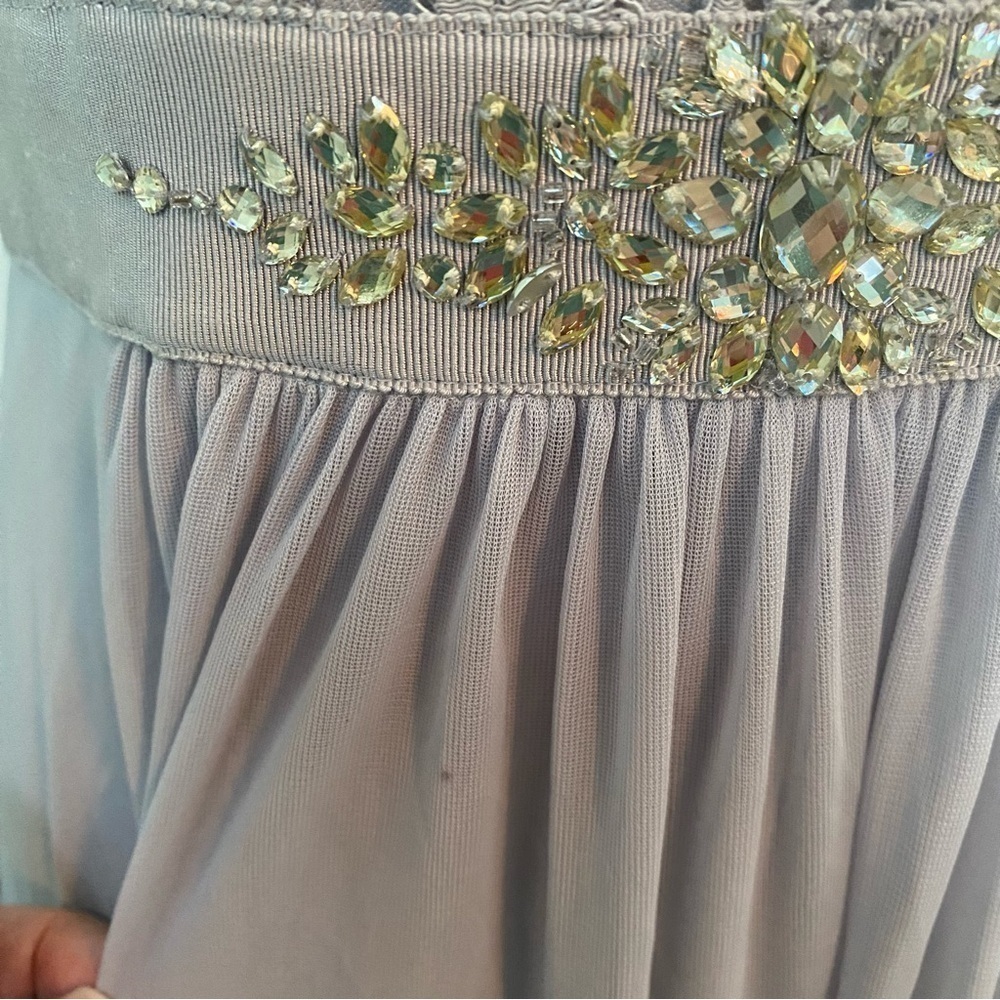 Adrianna Papell Lace Illusion Dress Gray / Silver Sz 6 Gown Beaded Waist Tulle - Picture 15 of 15